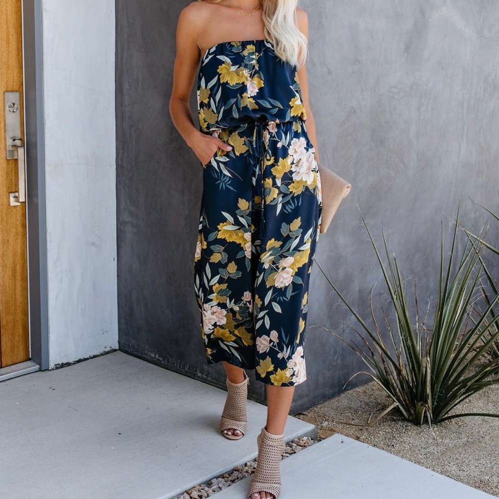 Navy Blue Strapless Floral Jumpsuit
